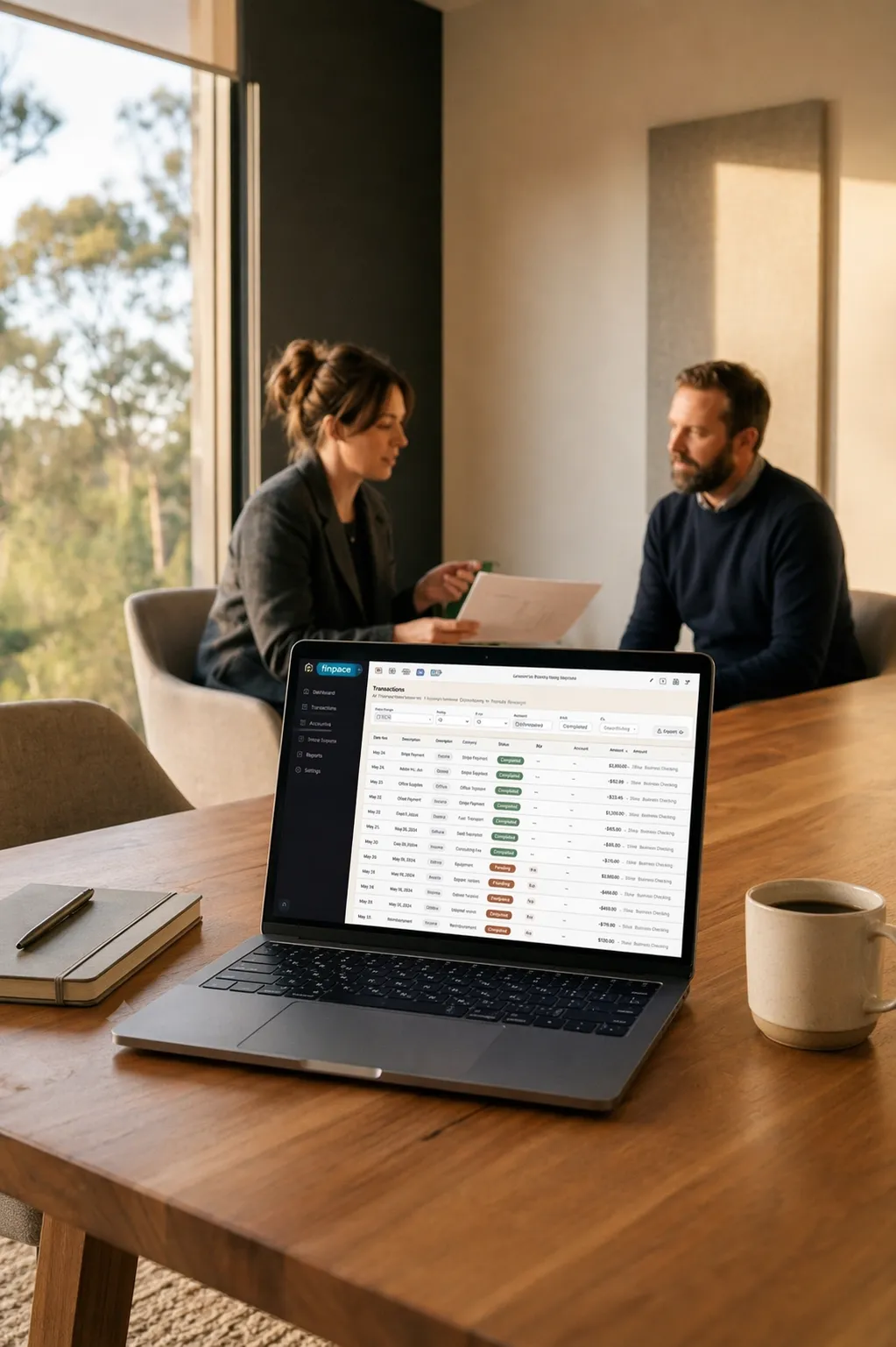 Two people reviewing a document at a wooden meeting table, with a laptop in the foreground displaying the 40 South Guard compliance dashboard; Australian bush visible through the window.